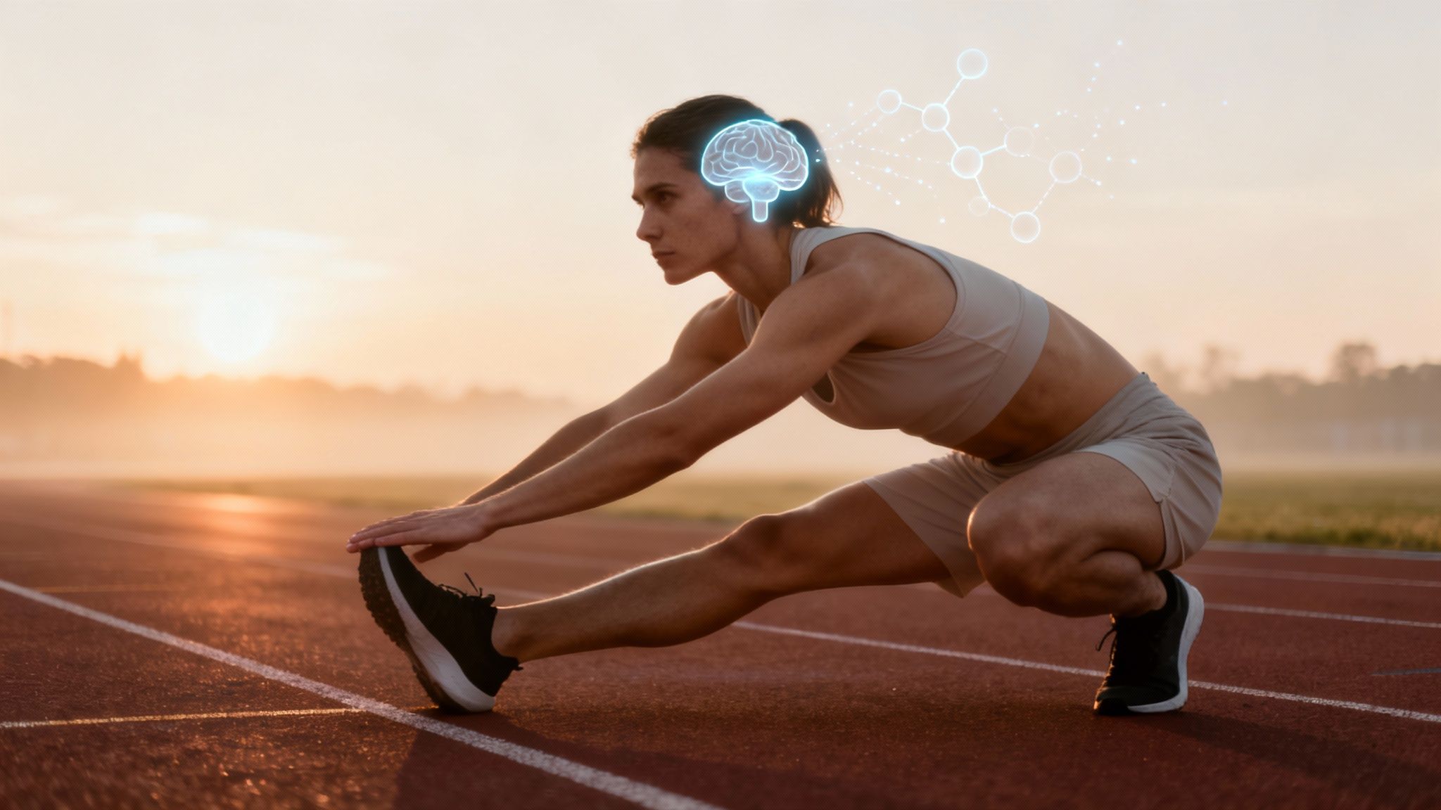A woman stretches on a running track at sunrise, with a glowing brain graphic indicating mental wellness.