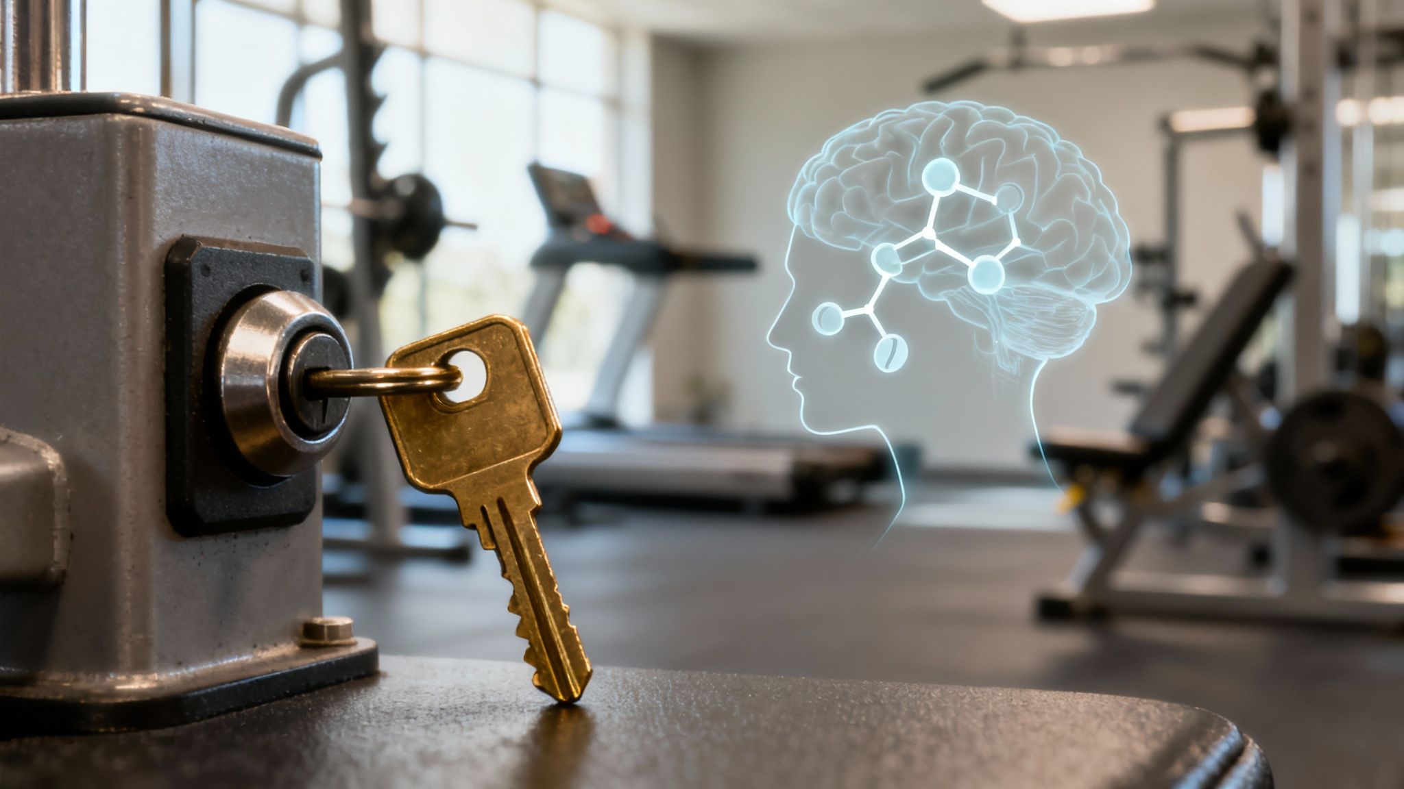 A golden key in a lock, with a glowing brain graphic overlaid, symbolizing fitness and mental well-being in a gym.