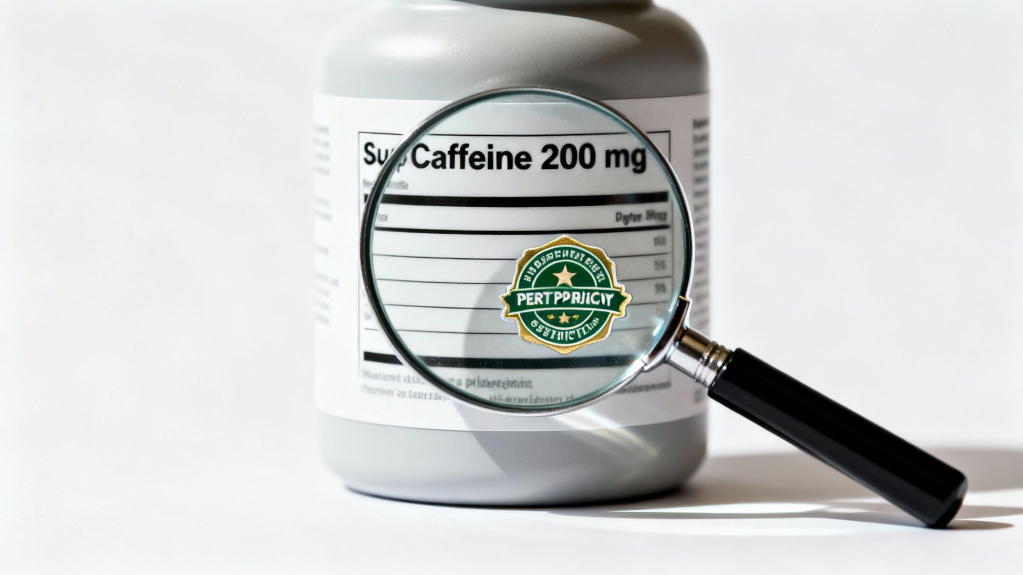 A magnifying glass focusing on a supplement bottle label highlighting 'Caffeine 200 mg' for careful inspection.