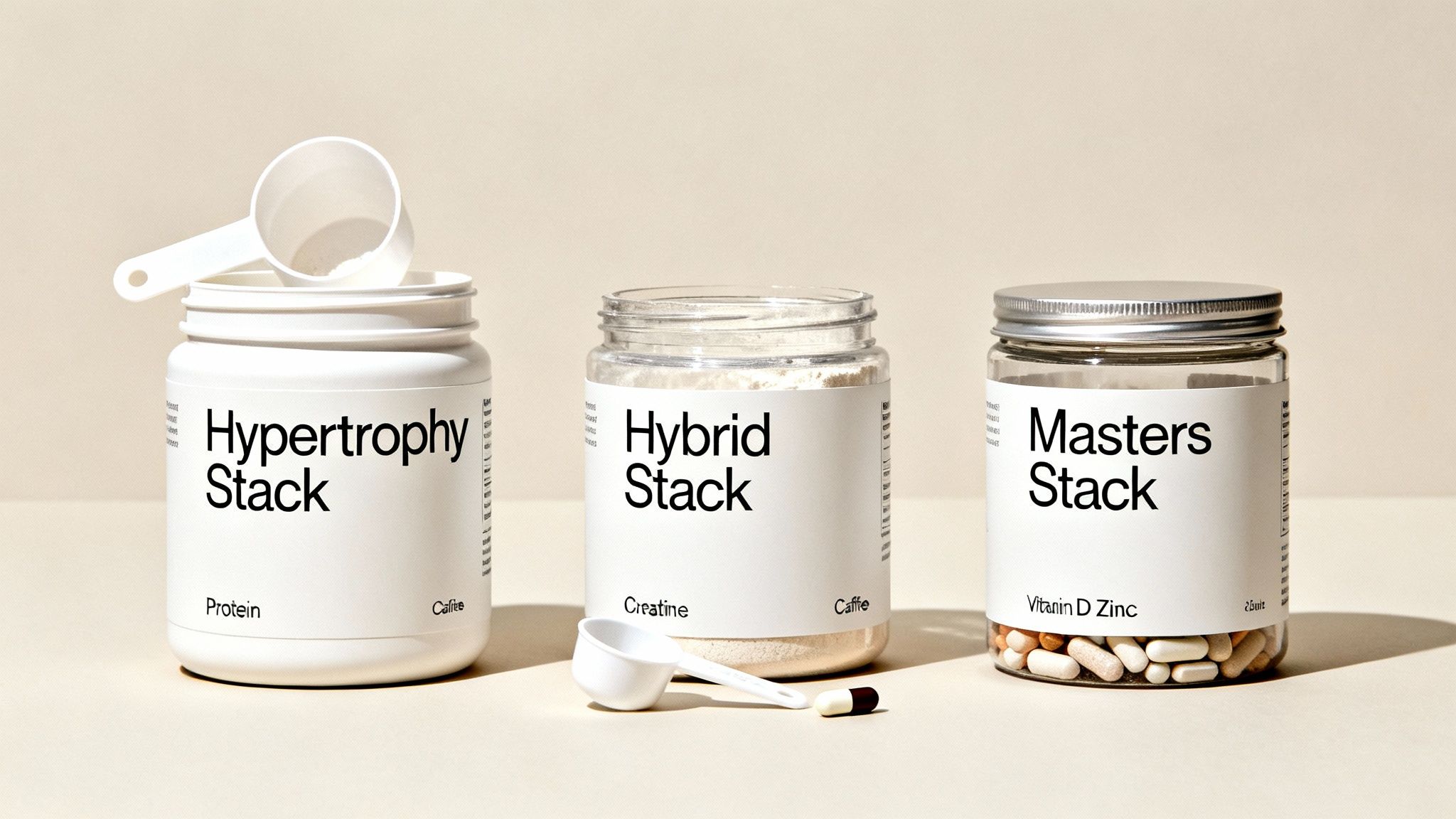 Fitness supplements including protein, creatine, and vitamins in jars, with scoops and a capsule.