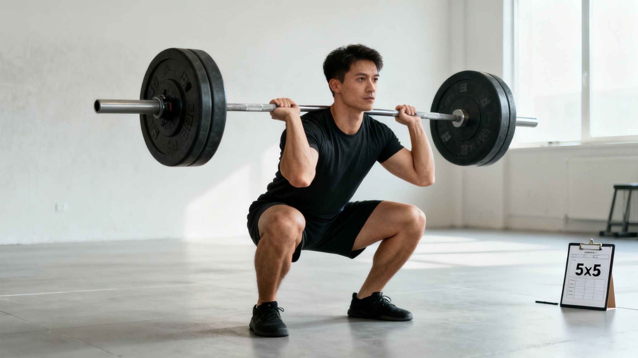 An athletic man performs a barbell back squat in a gym, with a workout chart nearby.