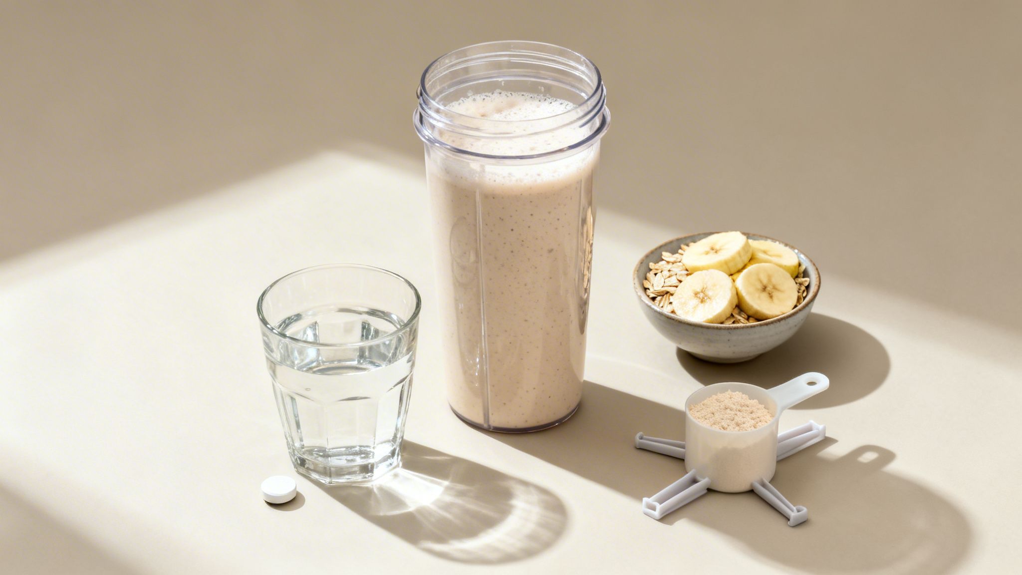 A healthy post-workout spread with a protein shake, water, oatmeal with banana, protein powder, and a pill.
