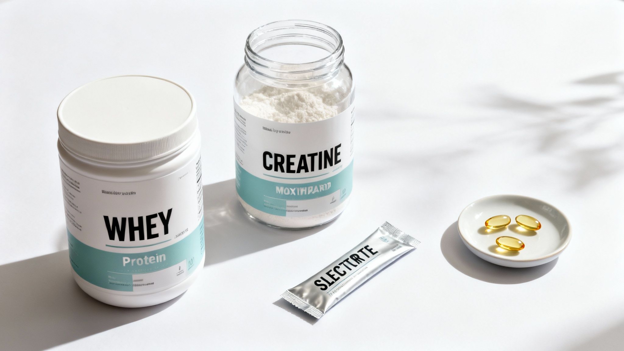 Various fitness supplements including whey protein, creatine powder, a sachet, and softgel capsules on a white background.