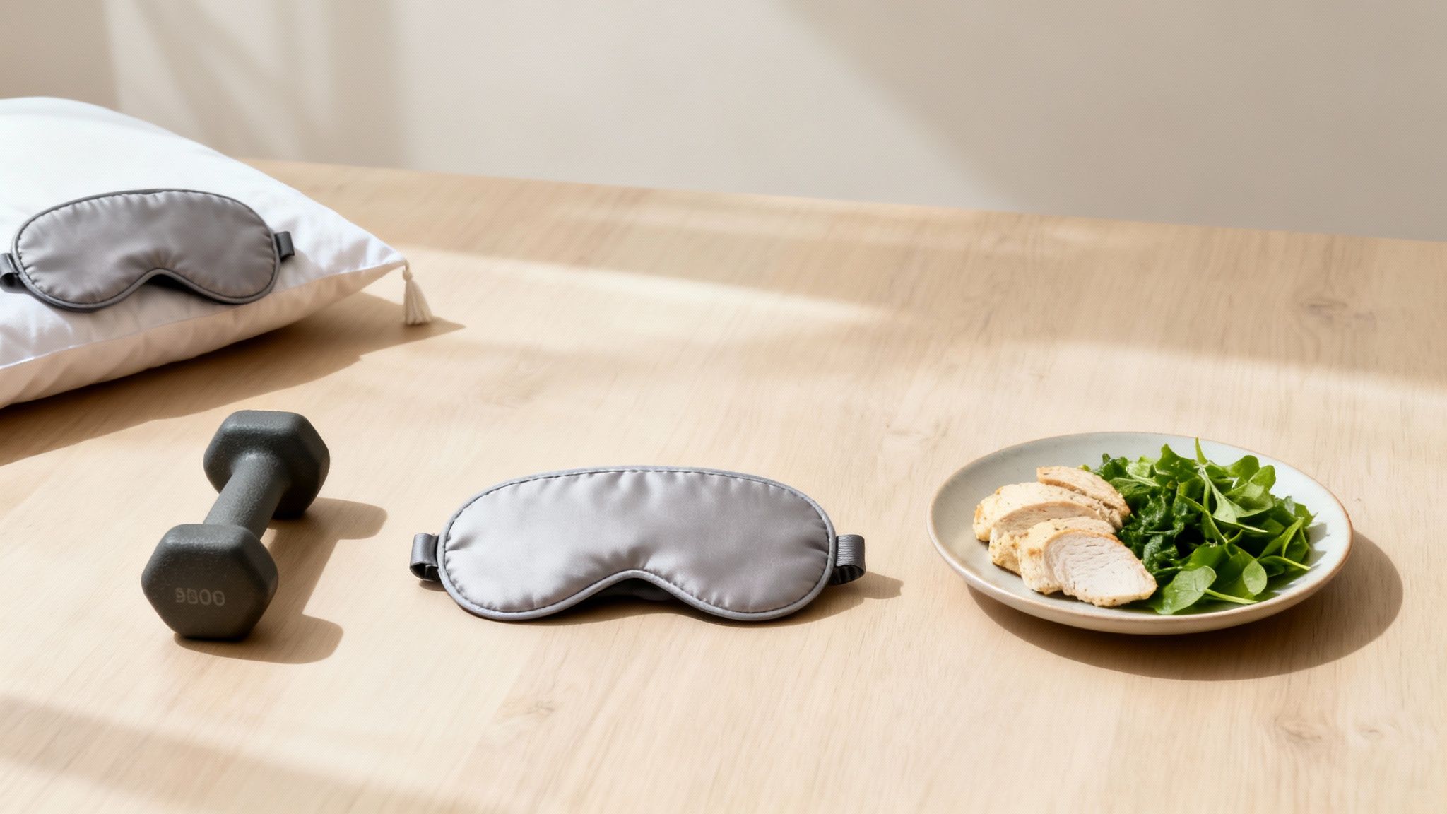 Fitness and wellness flat lay featuring a dumbbell, sleep masks, and a healthy meal.