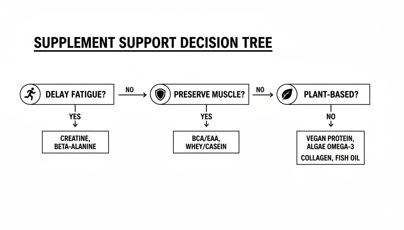Decision tree diagram outlining supplement recommendations based on goals like delaying fatigue and preserving muscle.