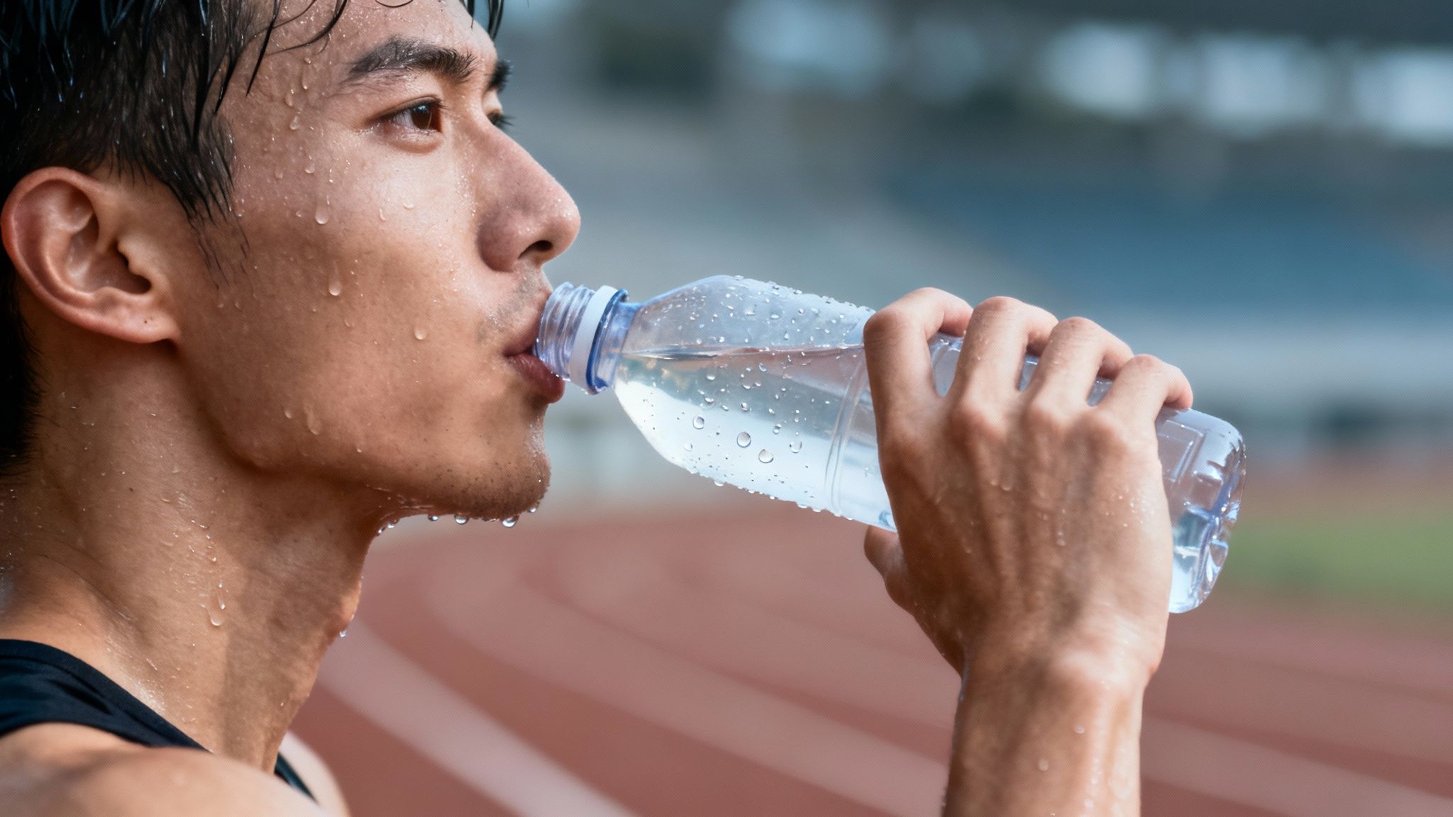 A sweaty male athlete takes a refreshing drink from a water bottle on a running track.