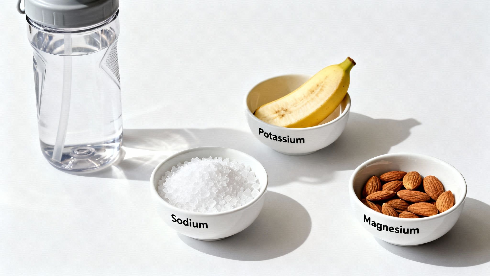Water bottle, sodium salt, banana (potassium), and almonds (magnesium) for electrolyte replenishment.