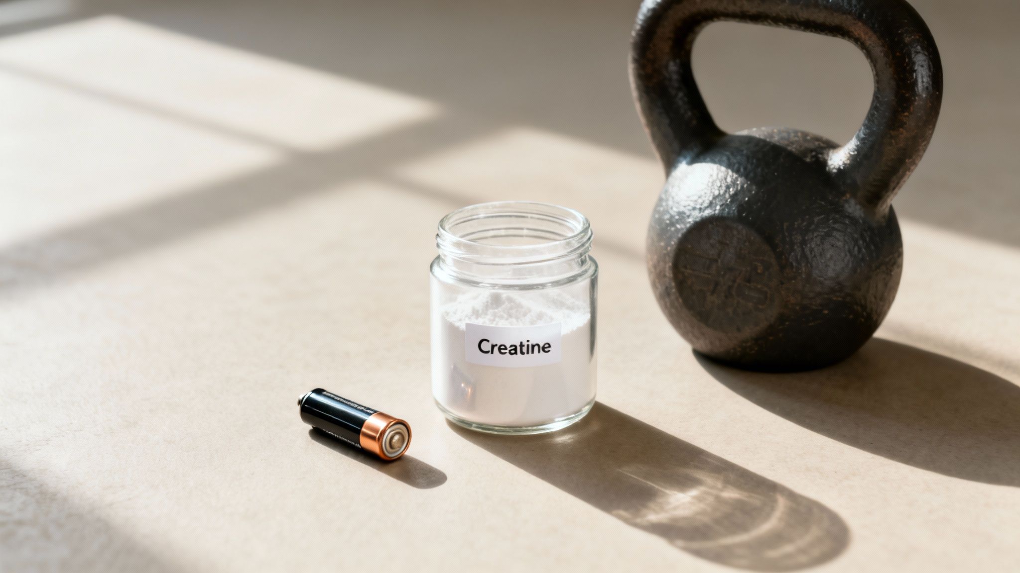 A jar of creatine powder sits beside a kettlebell and a battery, symbolizing energy and strength.