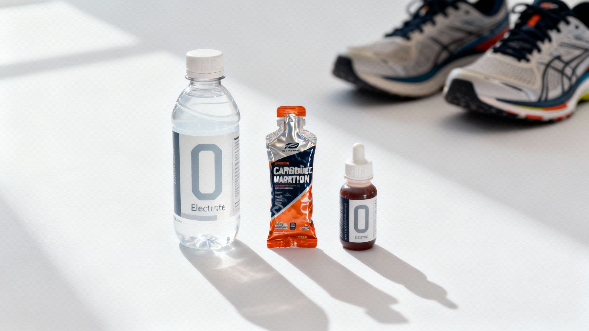 Sports supplements including electrolyte drinks and an energy gel for marathon training, with running shoes.