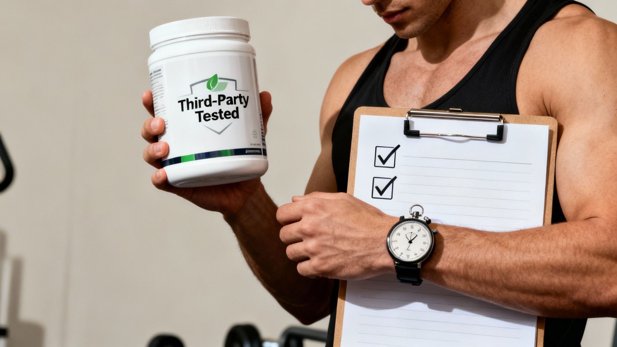 A man holds a jar of 'Third-Party Tested' supplements and a clipboard with a checklist and stopwatch.
