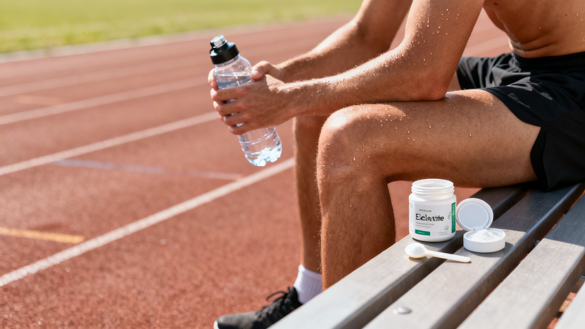 A sweaty runner takes a break on a track bench with water and electrolyte powder.