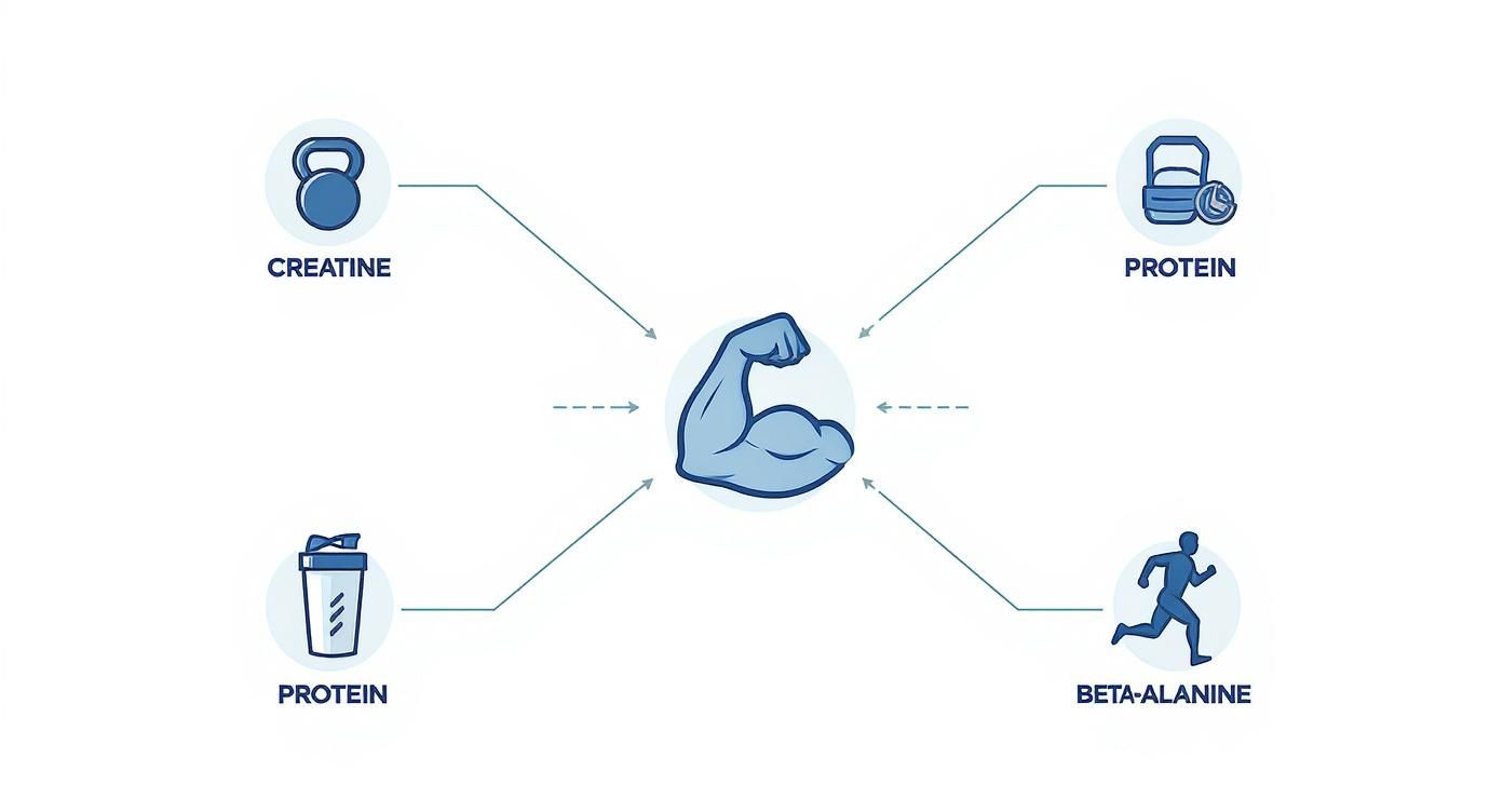 An infographic showing creatine, two forms of protein, and beta-alanine supplements for muscle building.