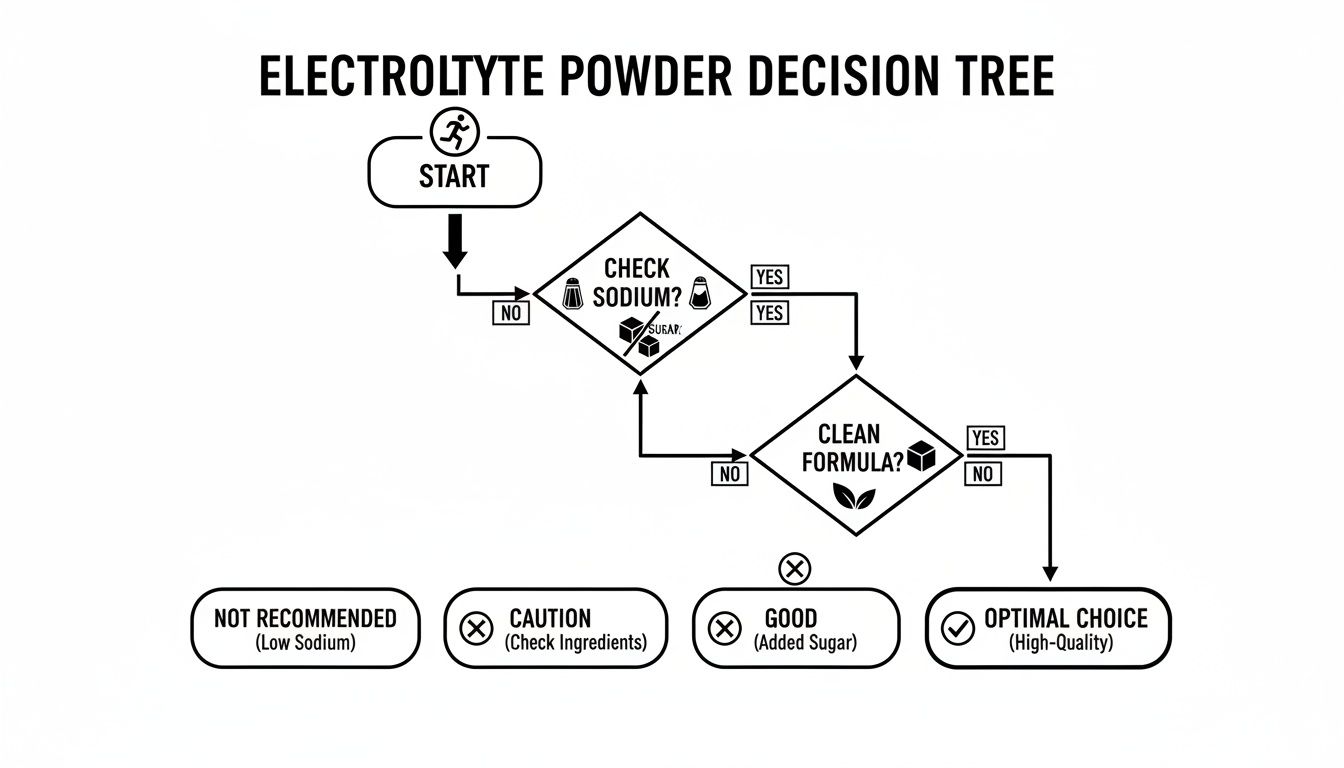 Electrolyte powder decision tree flowchart, guiding users through checking sodium, sugar, and formula quality.