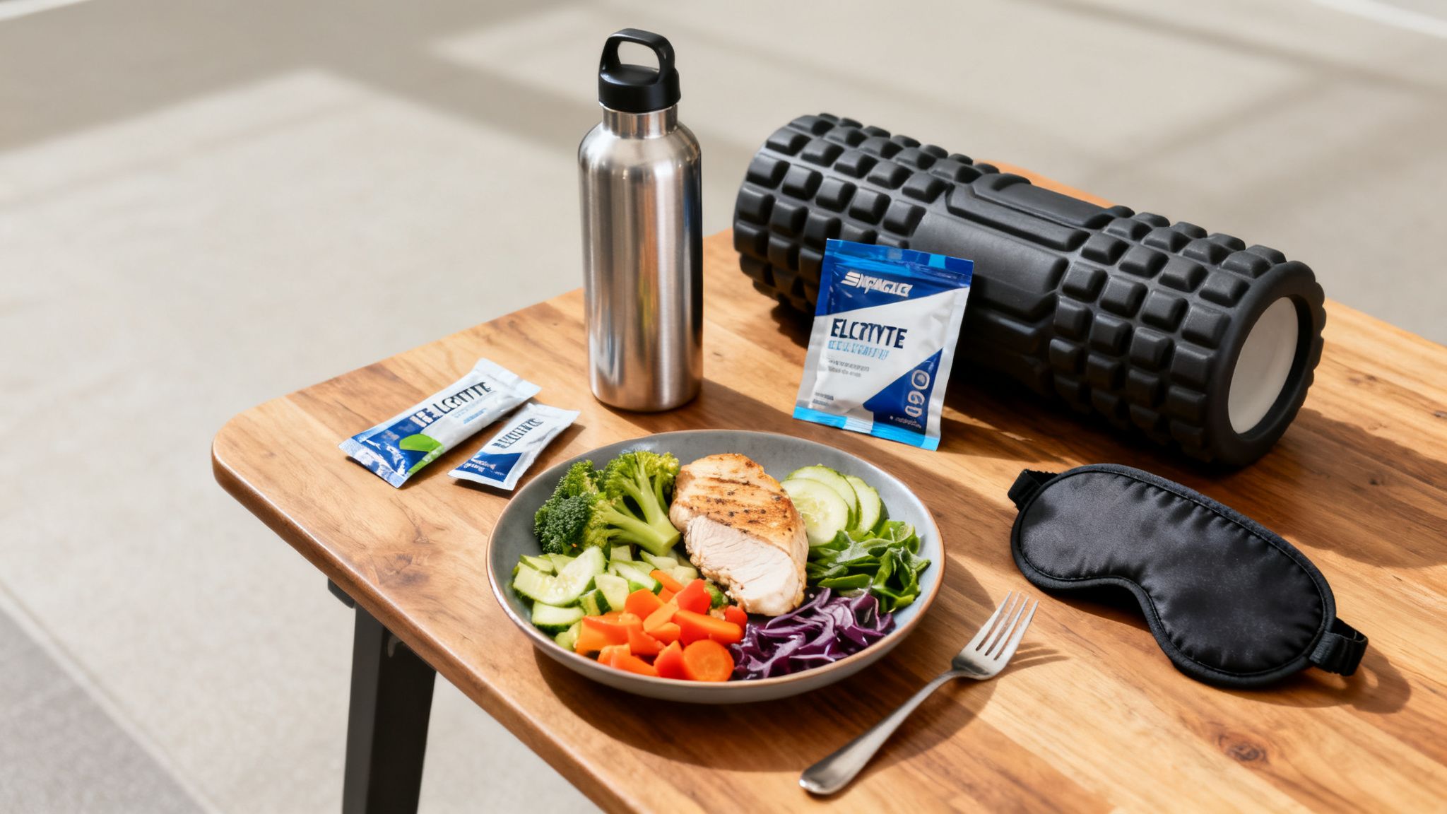 A comprehensive setup for a tactical athlete: healthy meal, hydration, recovery, and rest.