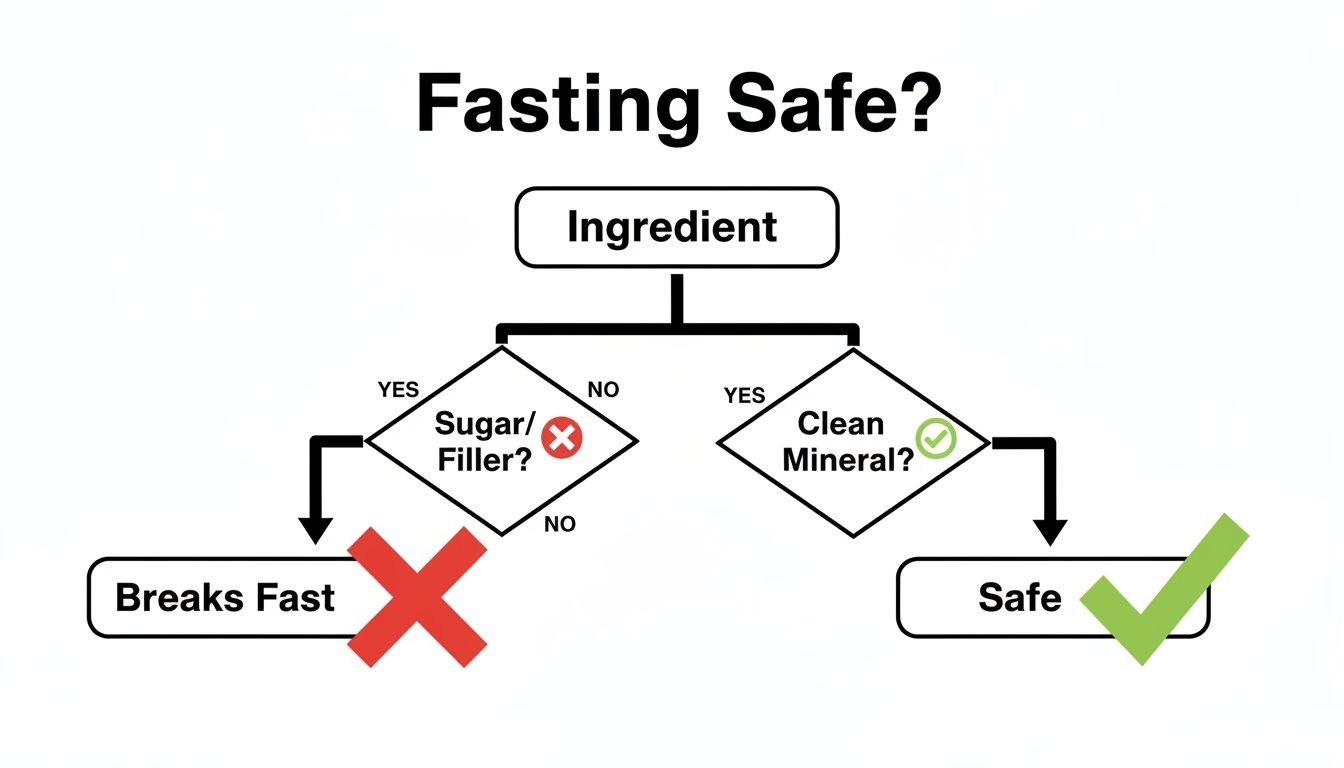 Flowchart explains whether an ingredient breaks a fast based on sugar/filler content or if it's a clean mineral.