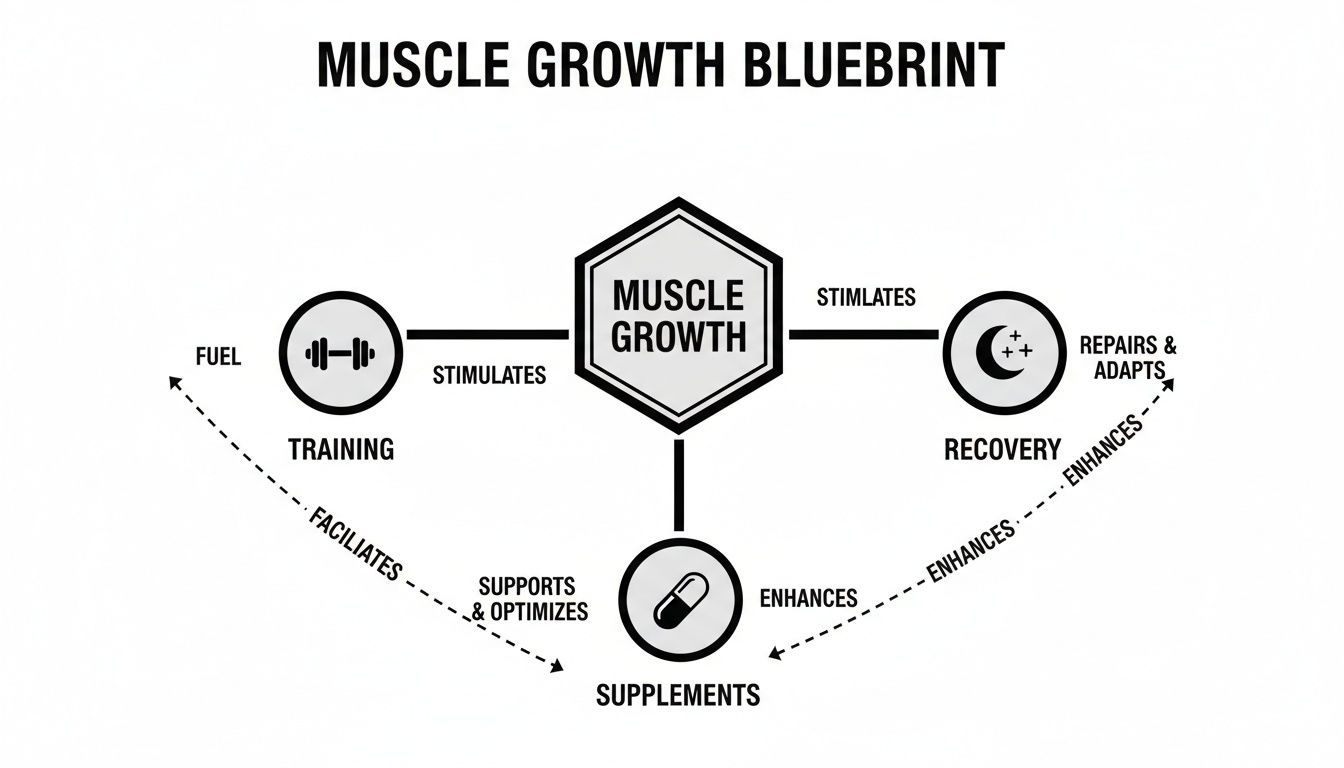 Diagram illustrating the muscle growth blueprint, showing training, recovery, and supplements leading to muscle development.