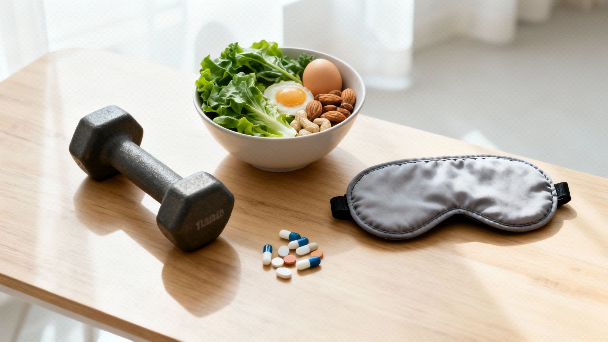 A wooden table displays a dumbbell, a bowl of fresh salad, nuts, an egg, pills, and a sleep mask.