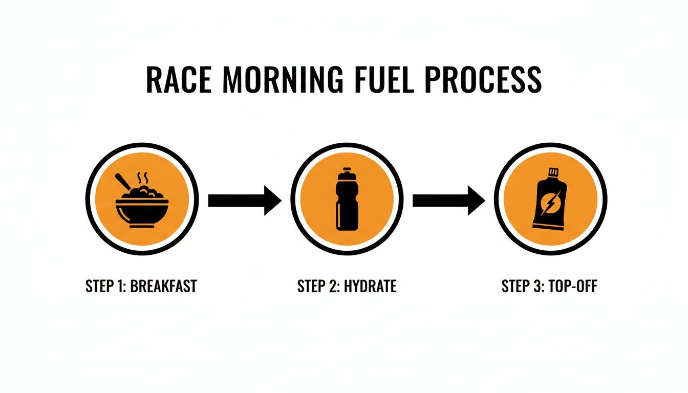 An infographic illustrating a three-step race morning fuel process: breakfast, hydrate, and top-off.