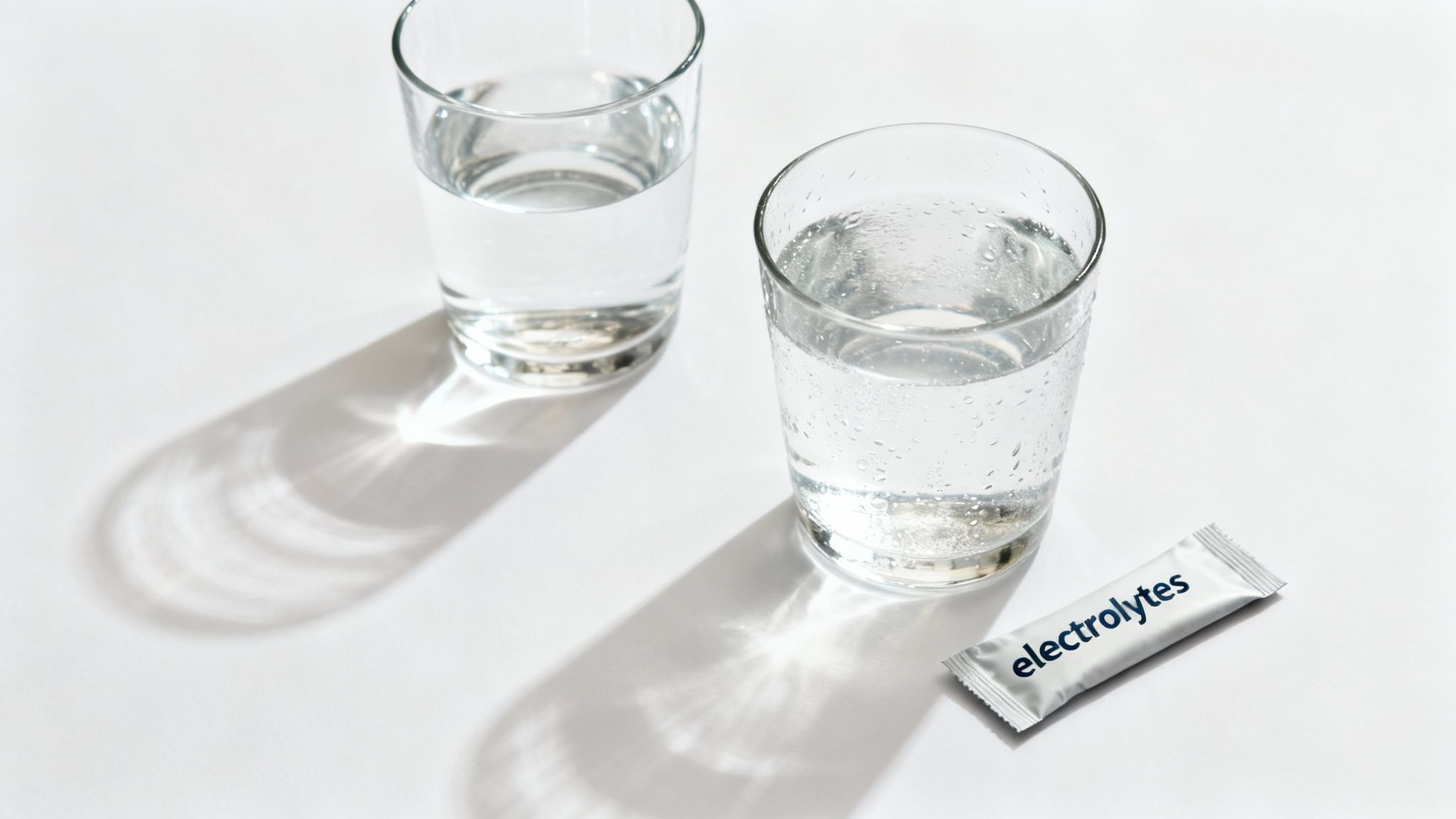 Two clear glasses of water with condensation and an electrolyte packet on a white surface.