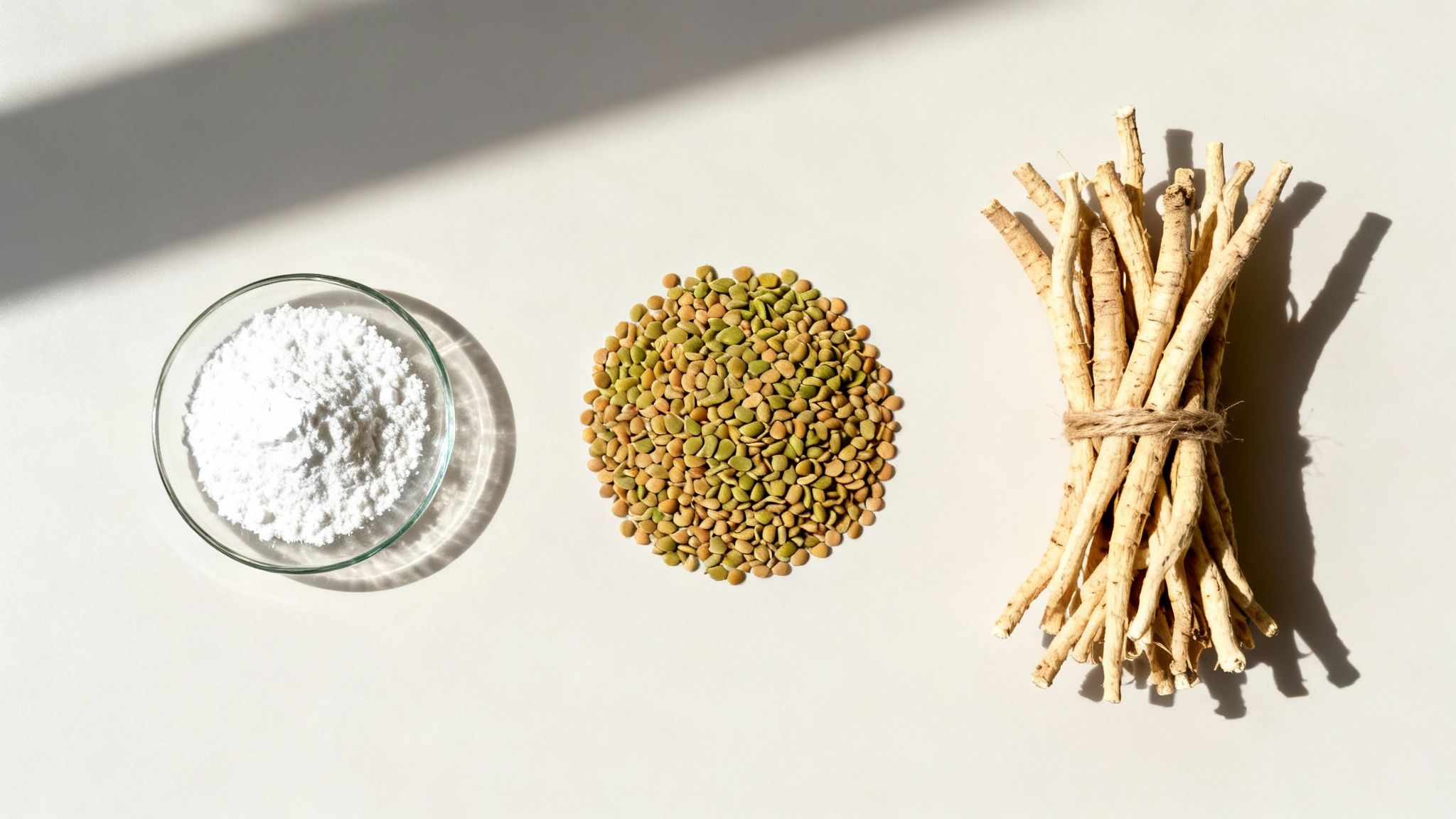 Three natural ingredients: white powder, green lentils, and dried roots on a light surface.