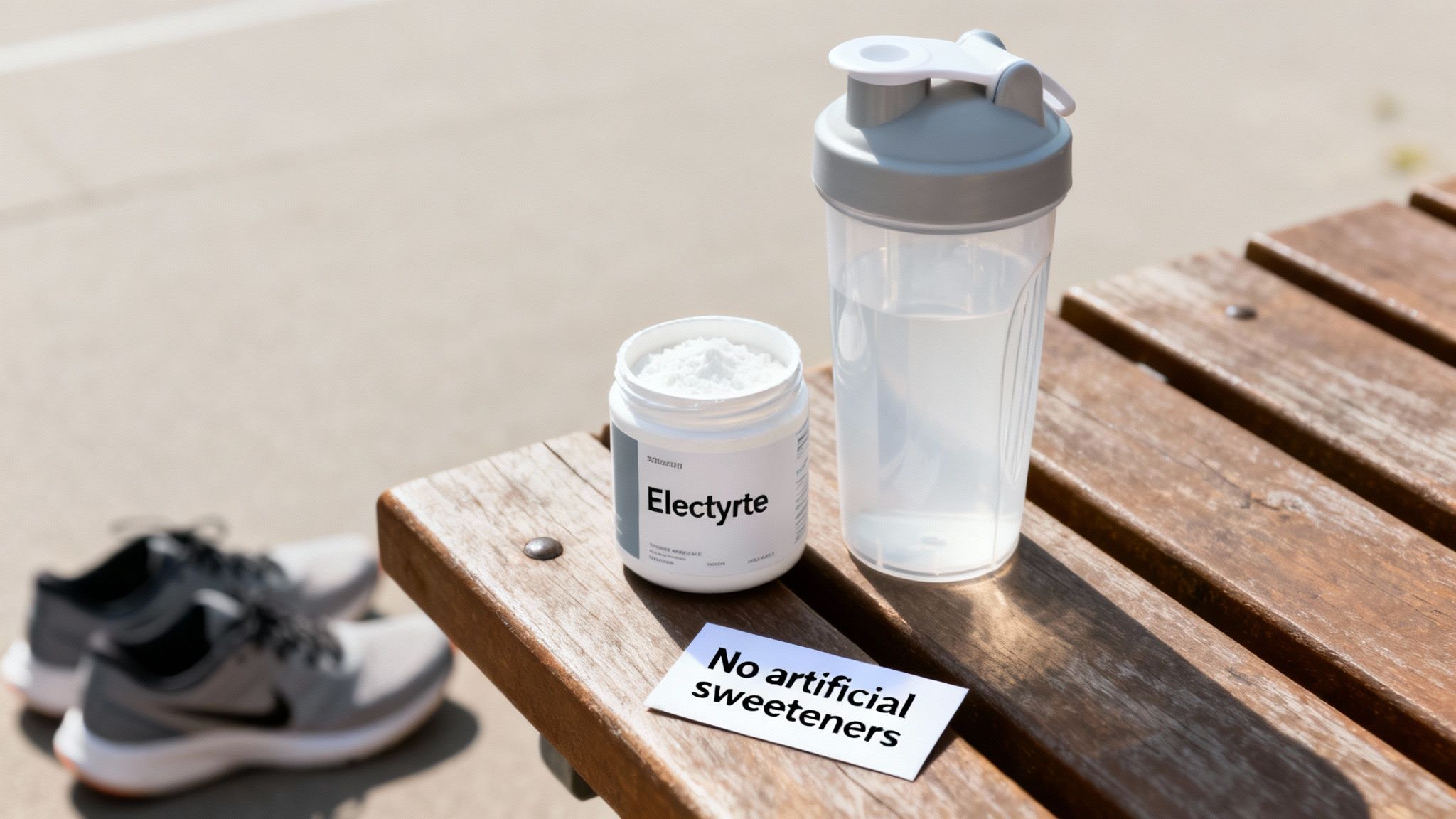 Electrolyte powder, shaker bottle, and 'no artificial sweeteners' sign on a wooden bench with sports shoes.