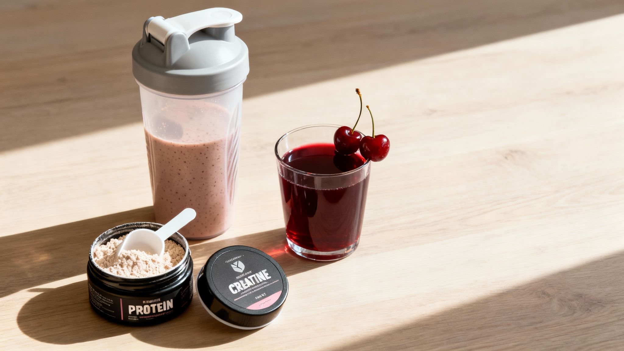 Workout supplements and drinks on a wooden table, including protein powder, creatine, a smoothie, and cherry juice.