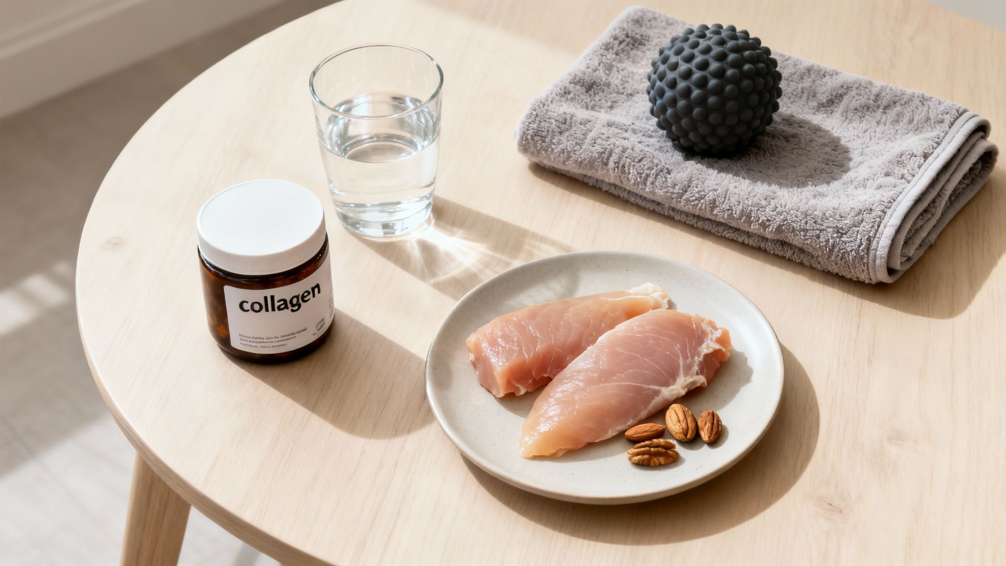 A health-focused flatlay with a collagen supplement, raw chicken, nuts, water, and a massage ball.