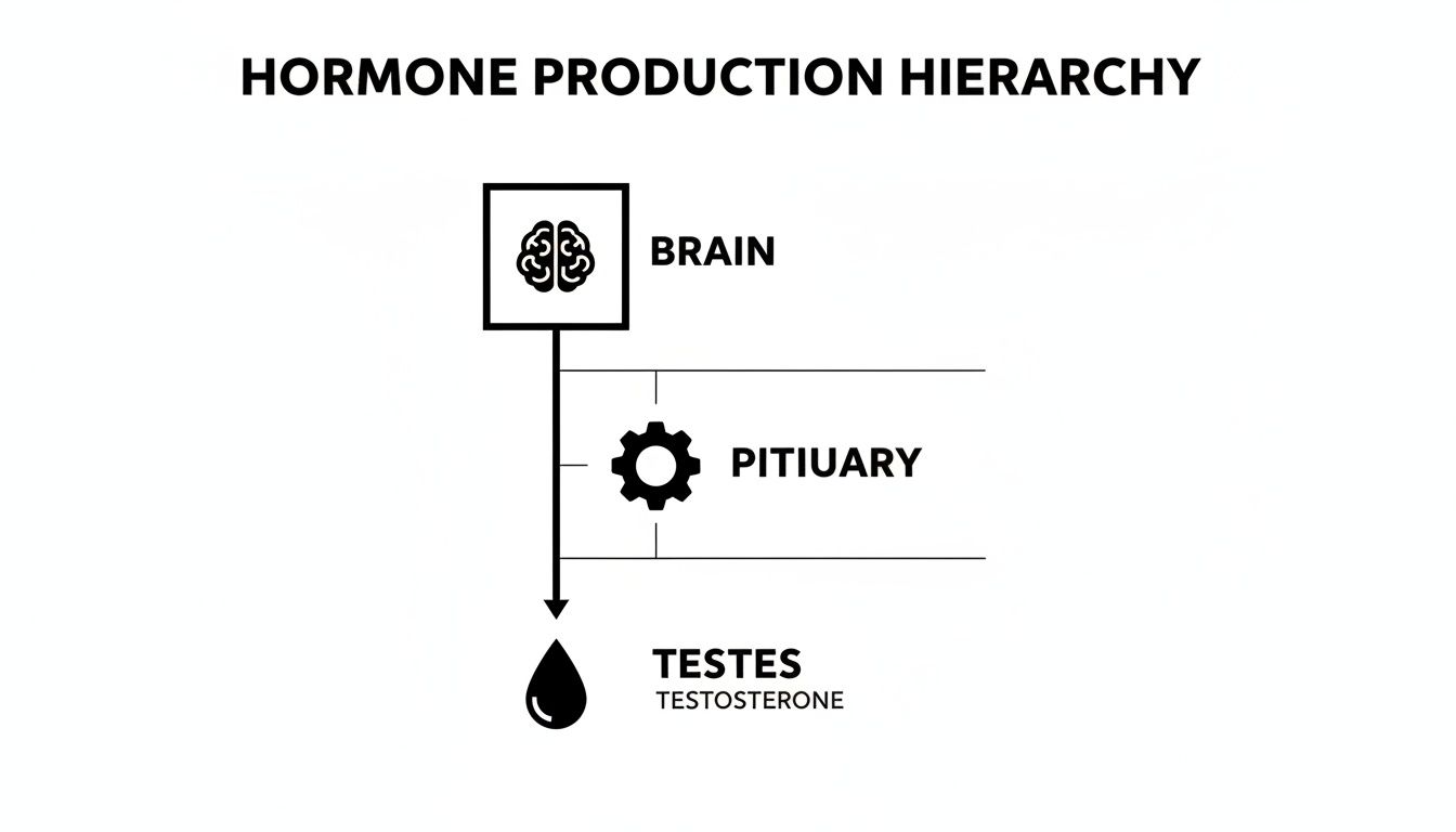 Diagram illustrating the hormone production hierarchy: Brain stimulates Pituitary, which then stimulates Testes to produce Testosterone.