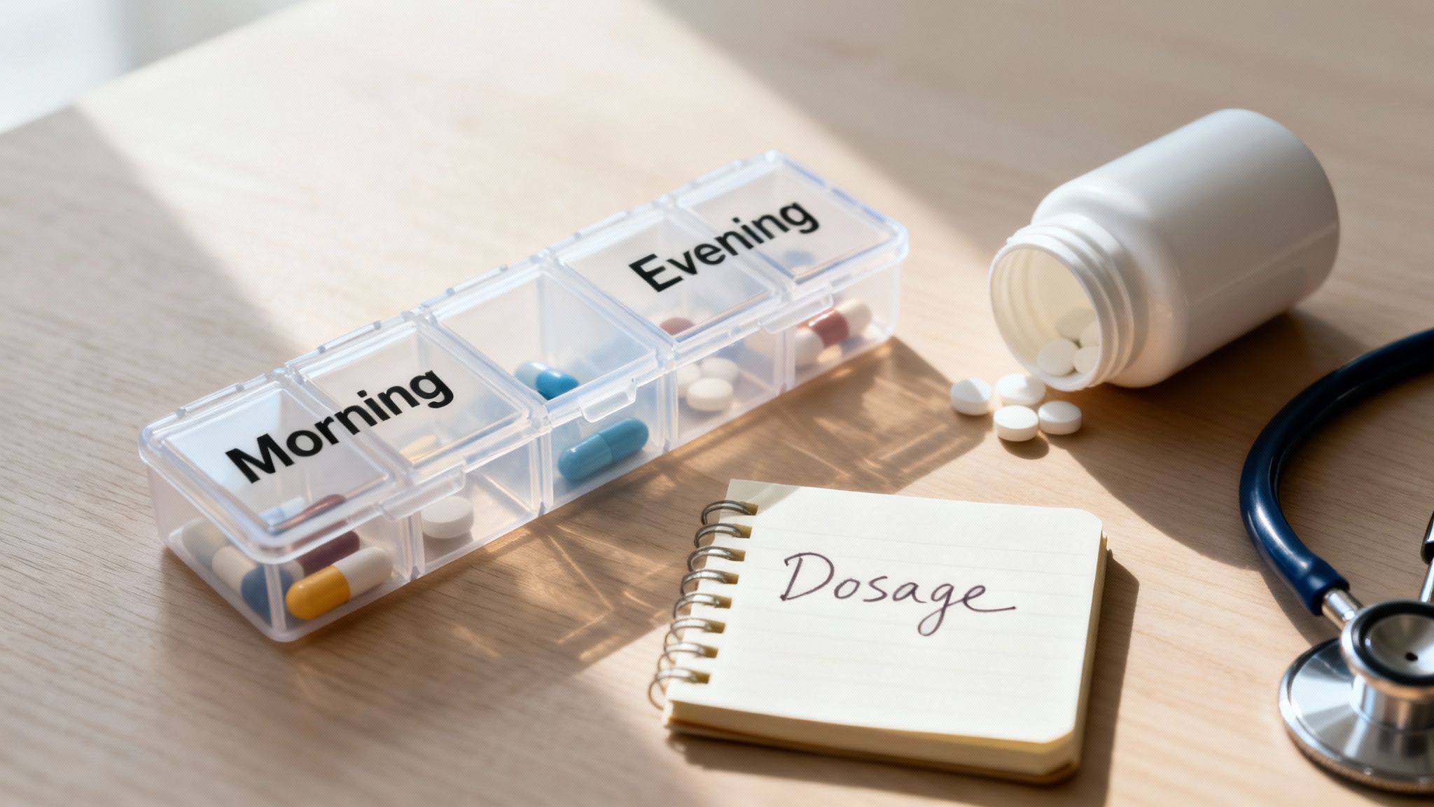 A daily pill organizer with morning and evening compartments, a pill bottle, and a 'Dosage' notebook.