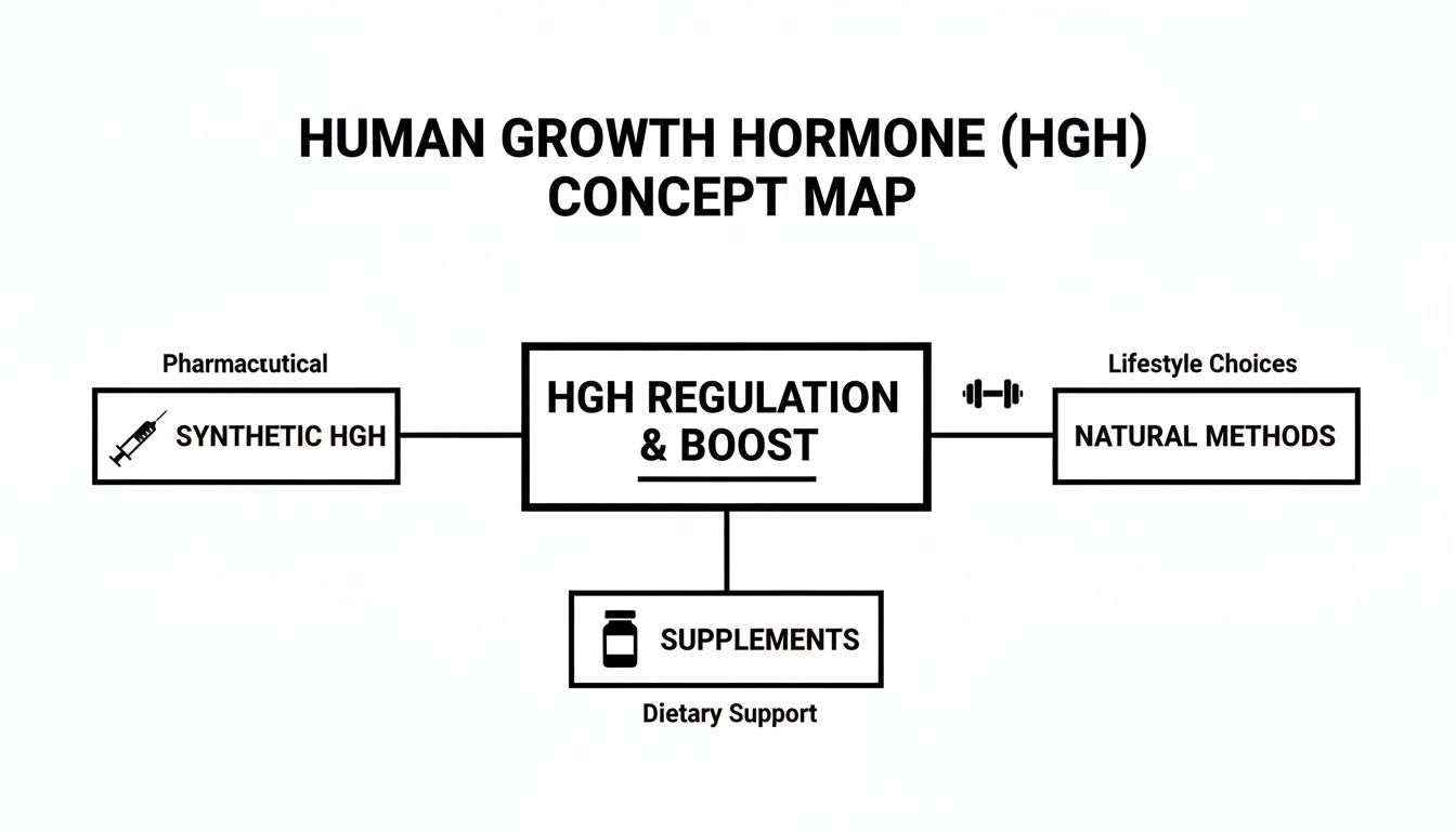 A concept map illustrating HGH regulation and boost through pharmaceutical synthetic HGH, lifestyle choices for natural methods, and dietary support via supplements.