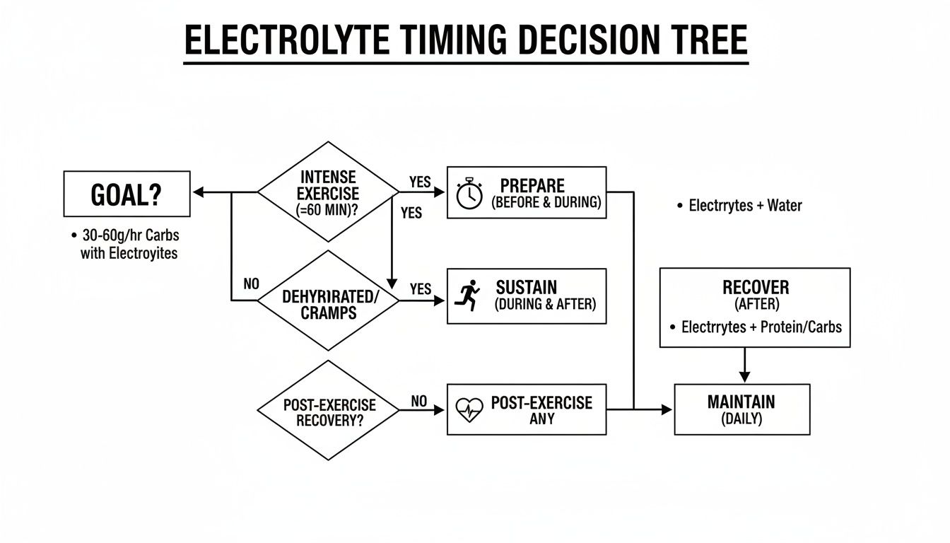 Electrolyte timing decision tree flowchart for exercise, recovery, and daily maintenance.