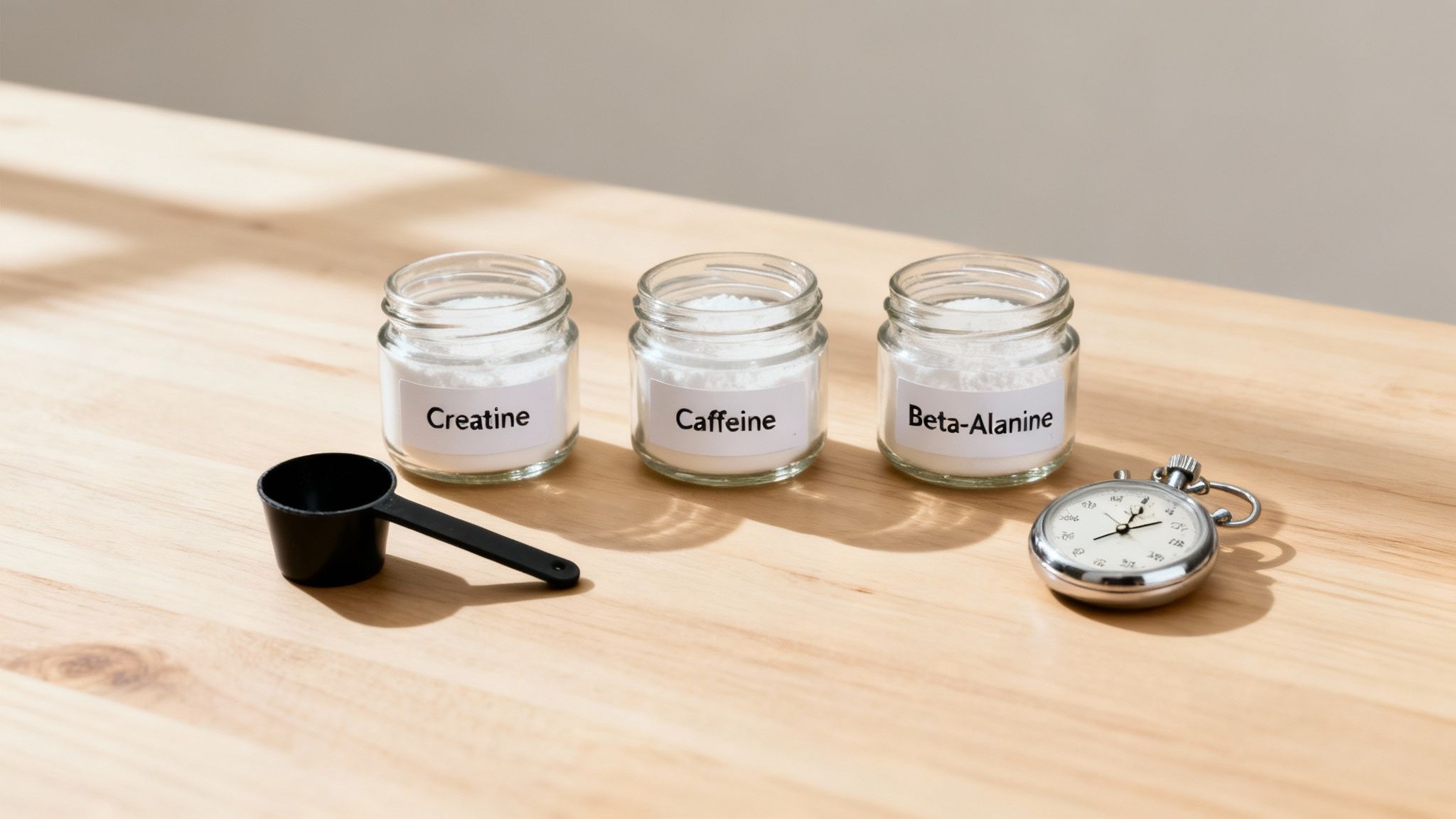 Three glass jars of sports supplements creatine caffeine and beta-alanine with measuring scoop and stopwatch