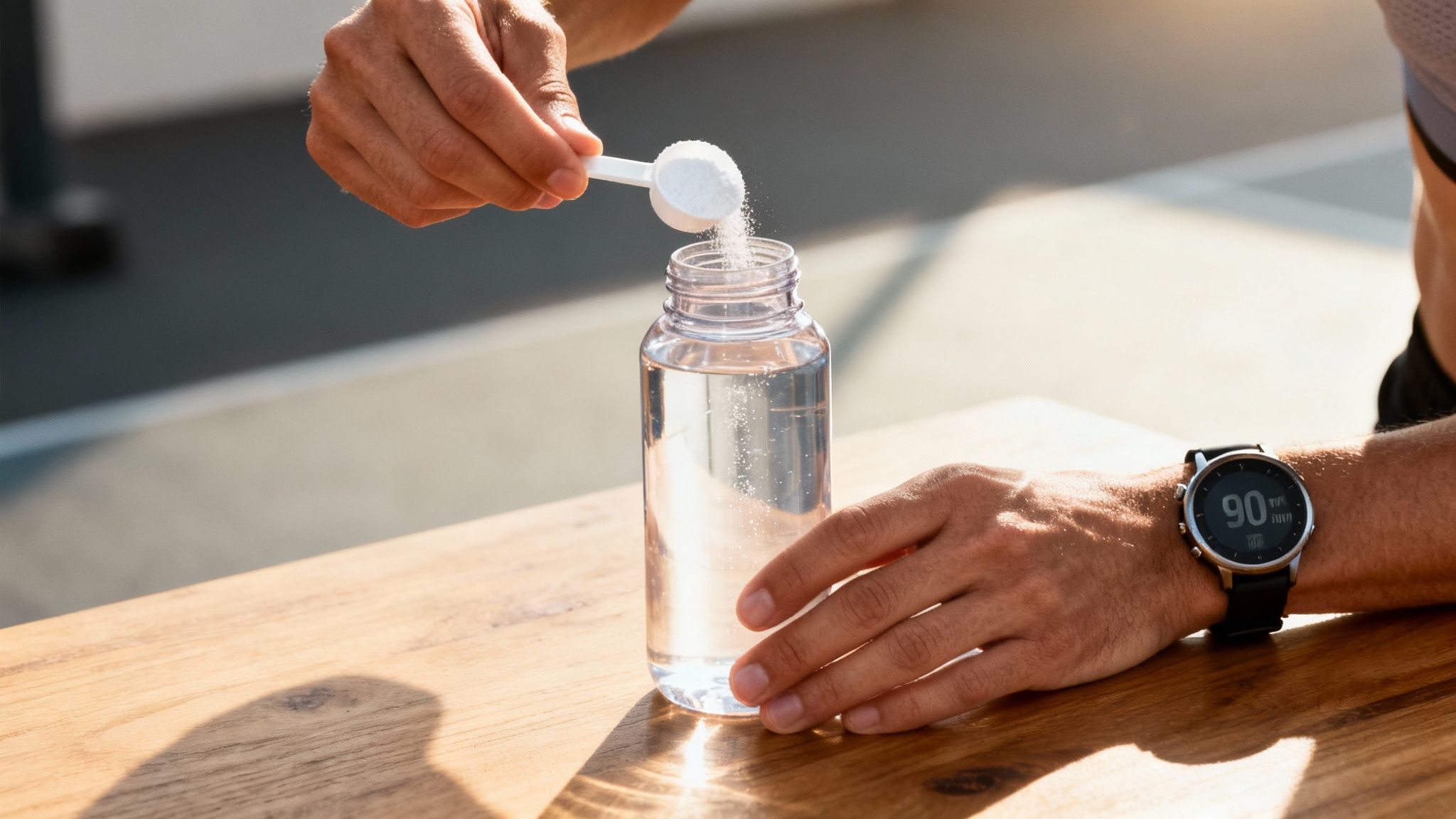 Person pouring white supplement powder from a scoop into a water bottle, with a smartwatch on their wrist.