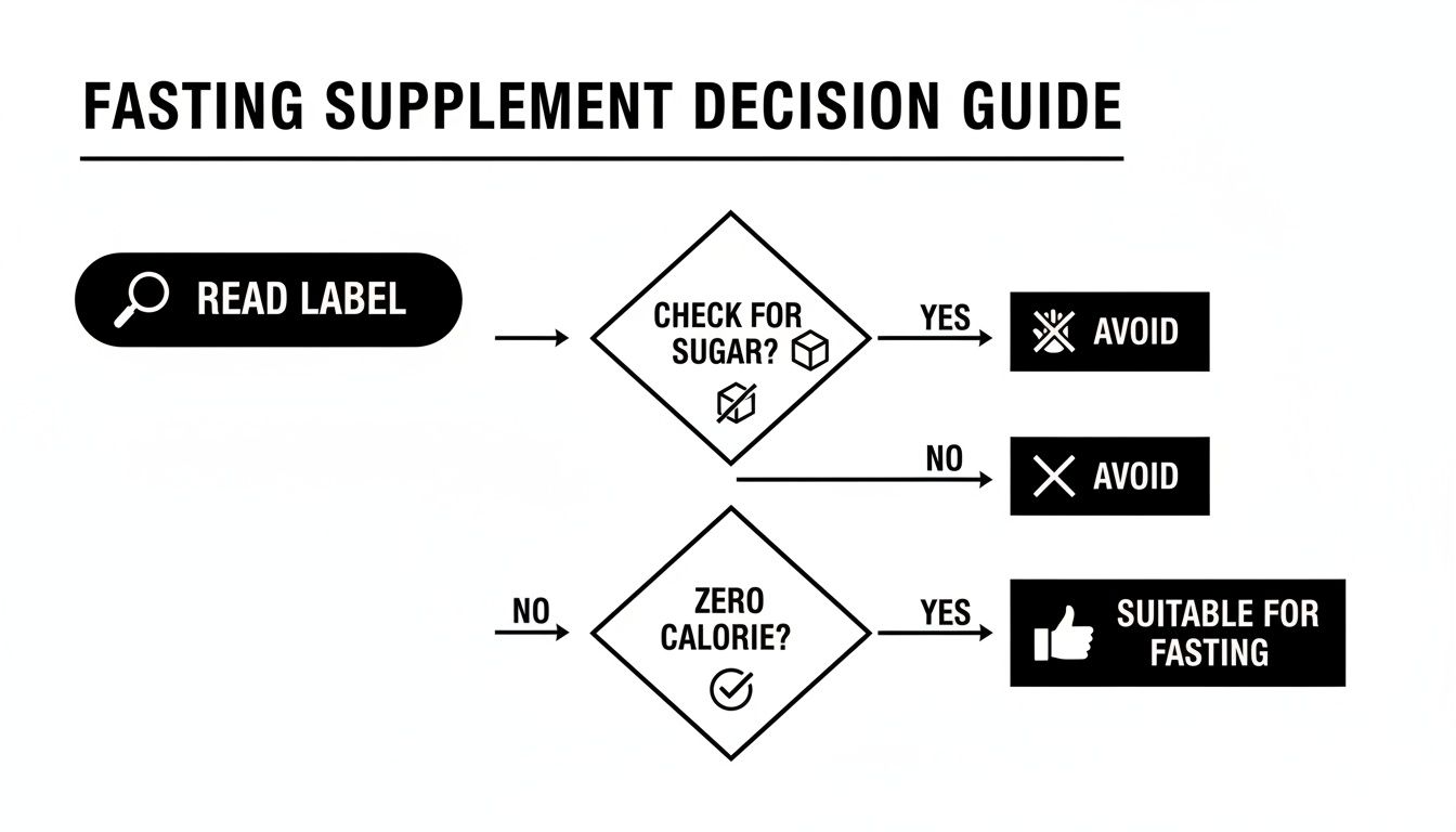 A flowchart guiding supplement decisions for fasting, checking for sugar and zero calories.