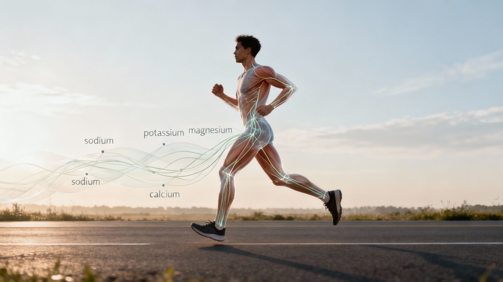 A runner holding a water bottle with an electrolyte drink, looking refreshed and focused.