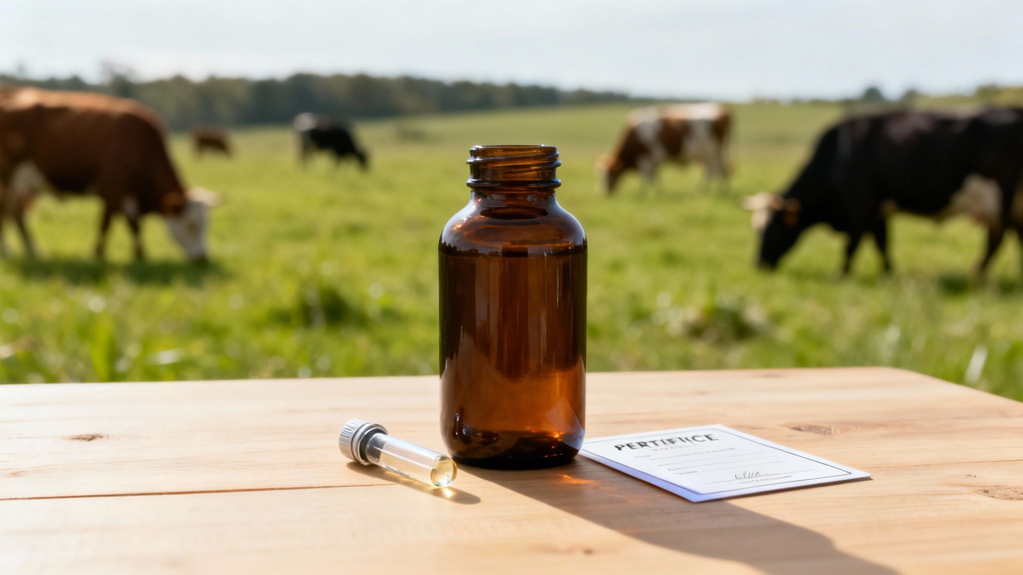 Amber bottle, vial, and certificate on a wooden table with cows grazing in a sunny pasture.