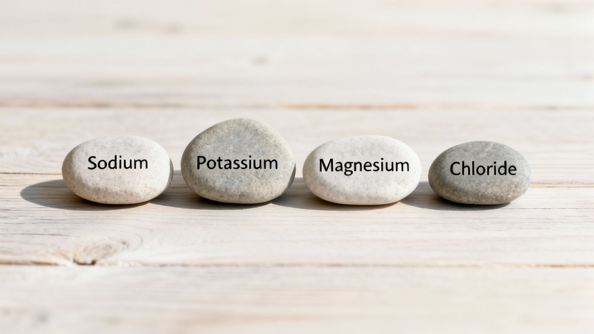 Four stones displaying the names of essential electrolytes: Sodium, Potassium, Magnesium, and Chloride on a wooden surface.