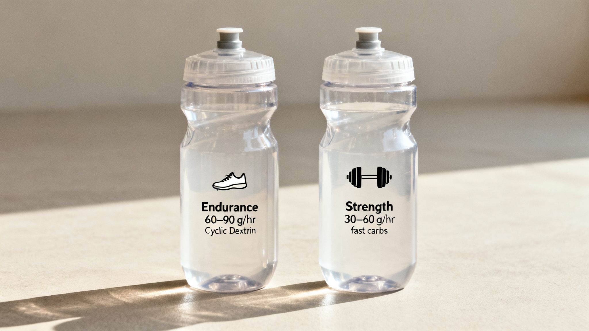 Two water bottles comparing carb recommendations for endurance (cyclic dextrin) and strength (fast carbs) training.