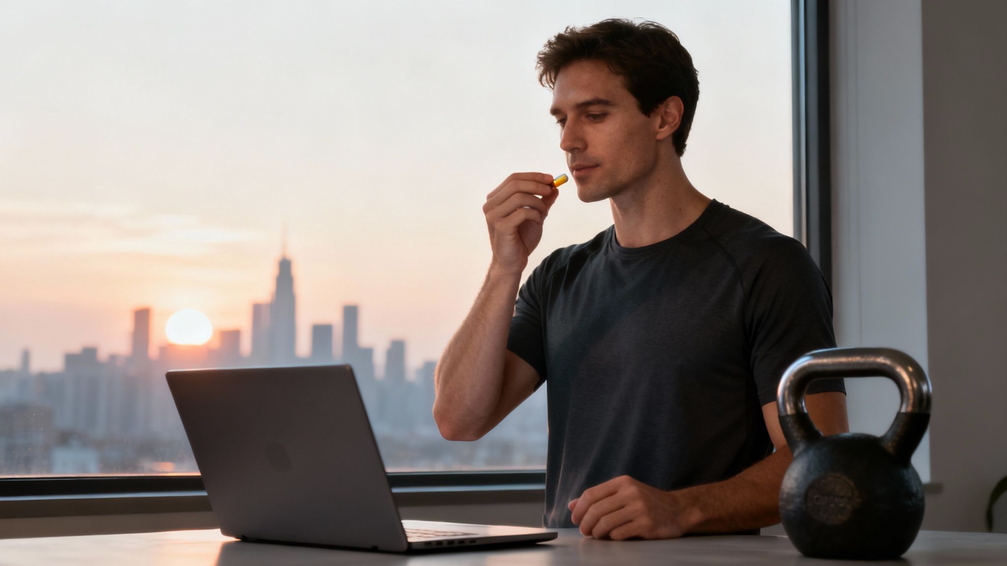 Man taking energy supplement pill while working at laptop with kettlebell at sunrise