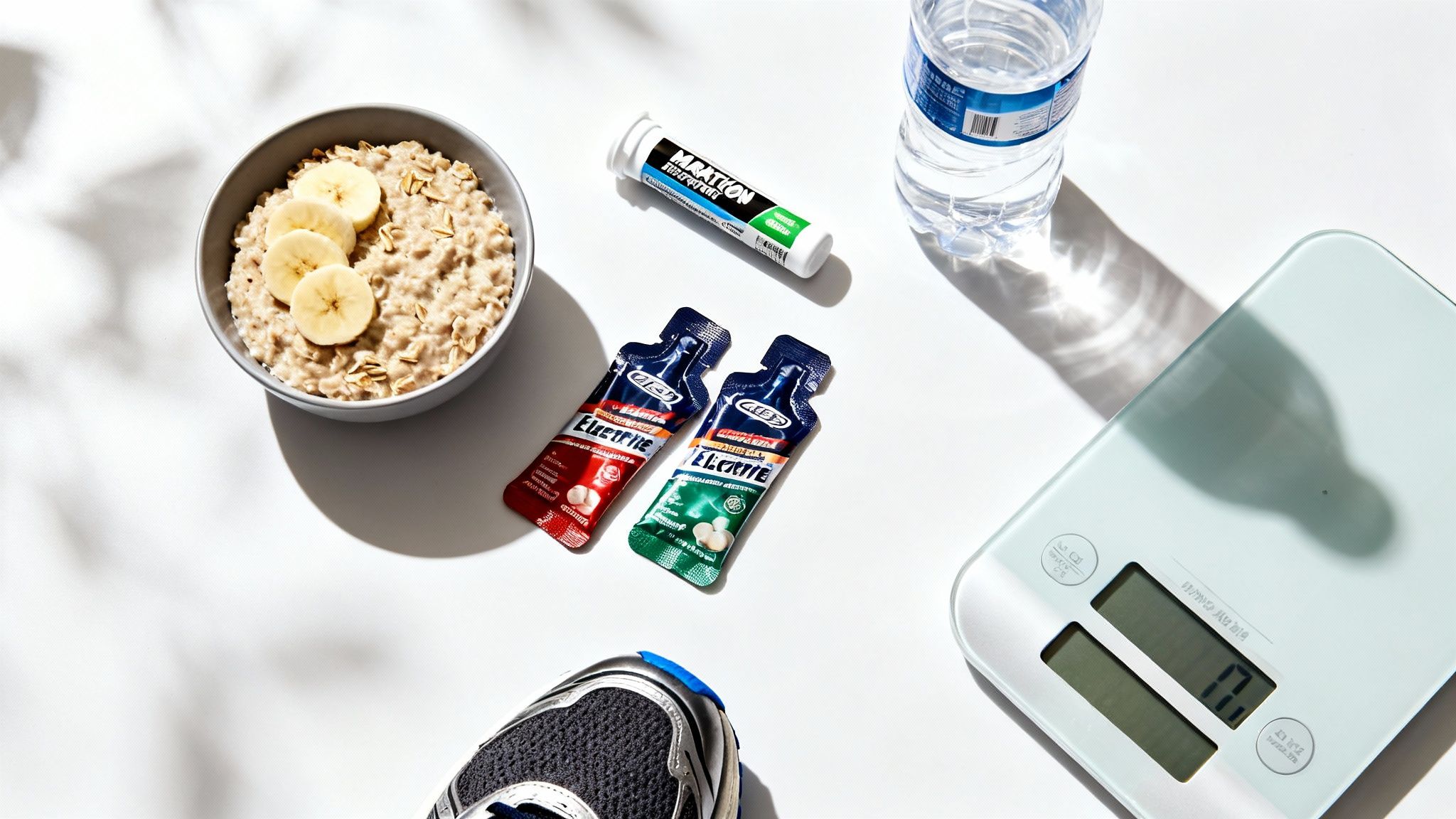 A flat lay of marathon fueling essentials: oatmeal, banana, supplements, water, and a scale.