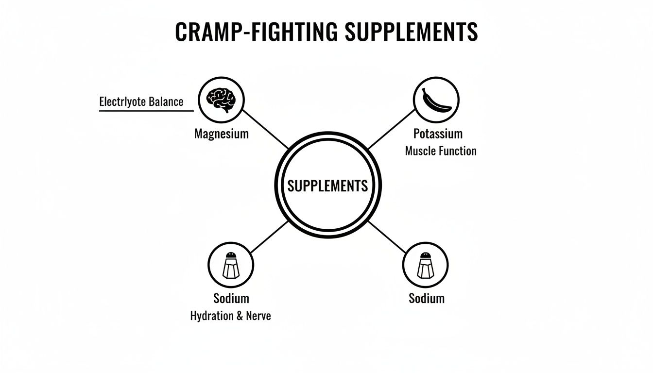 Infographic detailing cramp-fighting supplements like magnesium, potassium, and sodium for electrolyte balance, muscle function, hydration, and nerve health.
