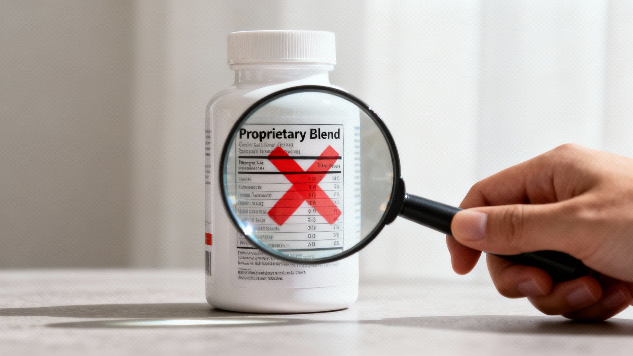 Hand using magnifying glass to inspect a supplement bottle with 'Proprietary Blend' and a red X.