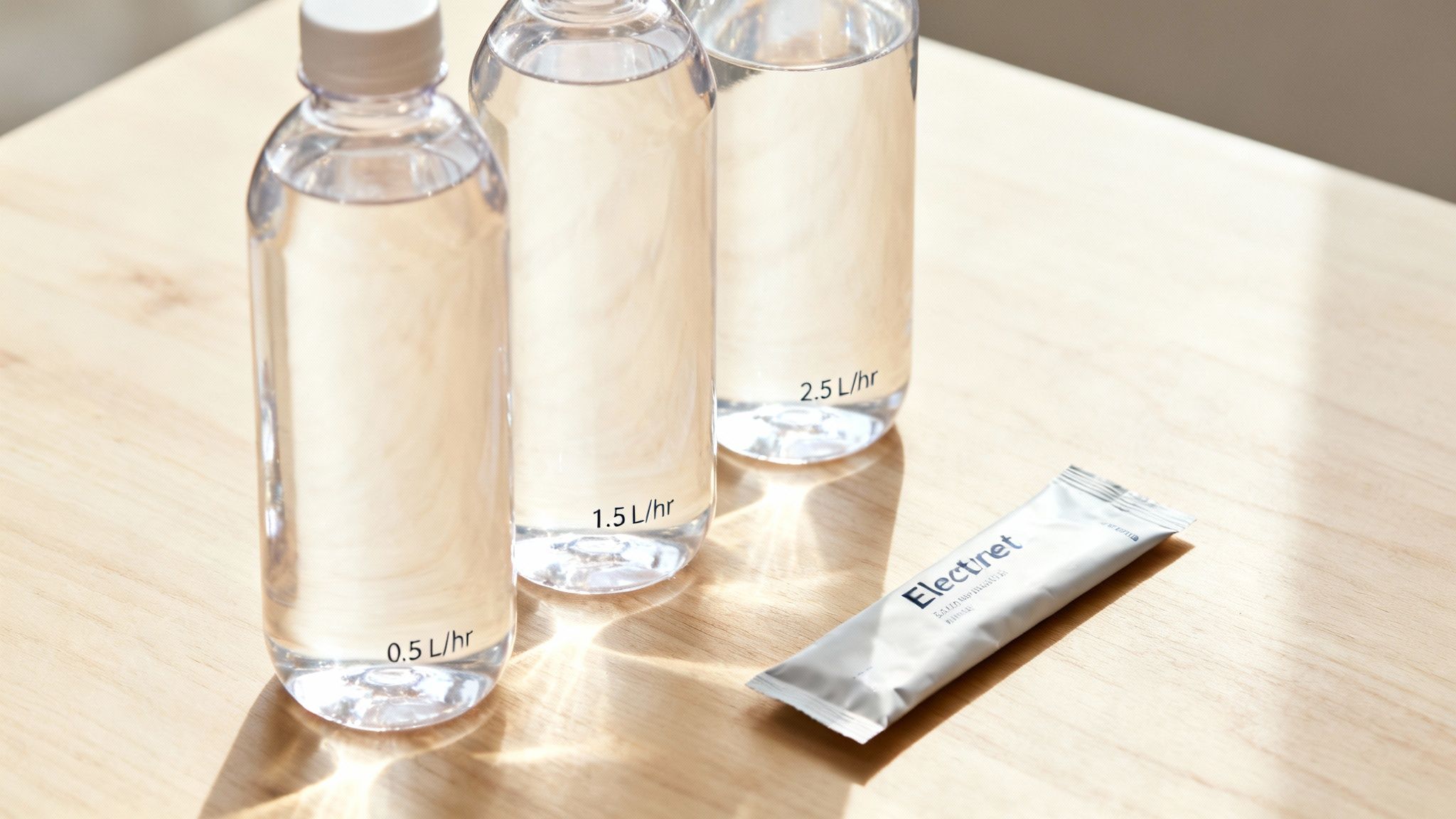 Three clear water bottles labeled with 0.5, 1.5, and 2.5 L/hr, plus an Electrnet sachet, on a wooden table.