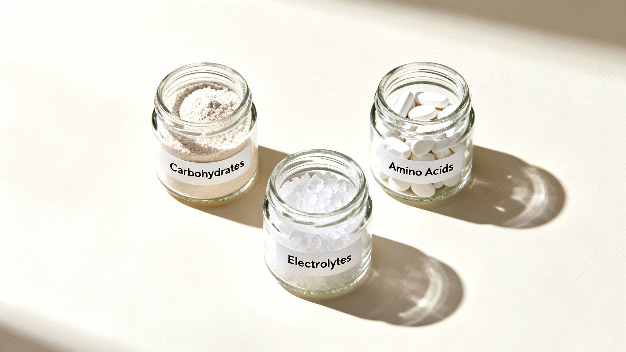 Three glass jars labeled Carbohydrates, Electrolytes, and Amino Acids, essential for intra-workout nutrition.