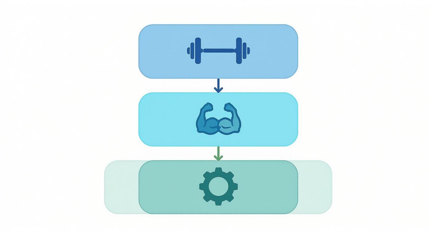 Infographic showing the hierarchy of muscle growth from training stimulus to breakdown to recovery