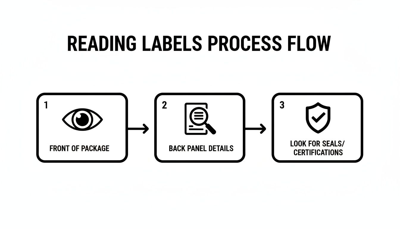 A three-step process flow showing how to read product labels: front, back details, and certifications.