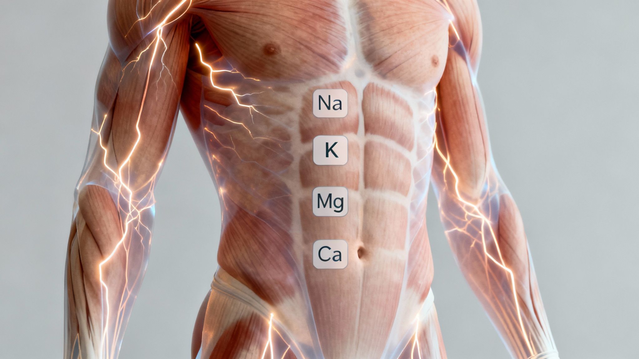 A detailed 3D render of a human torso with muscles and glowing nerve signals, displaying Na, K, Mg, Ca electrolyte symbols.