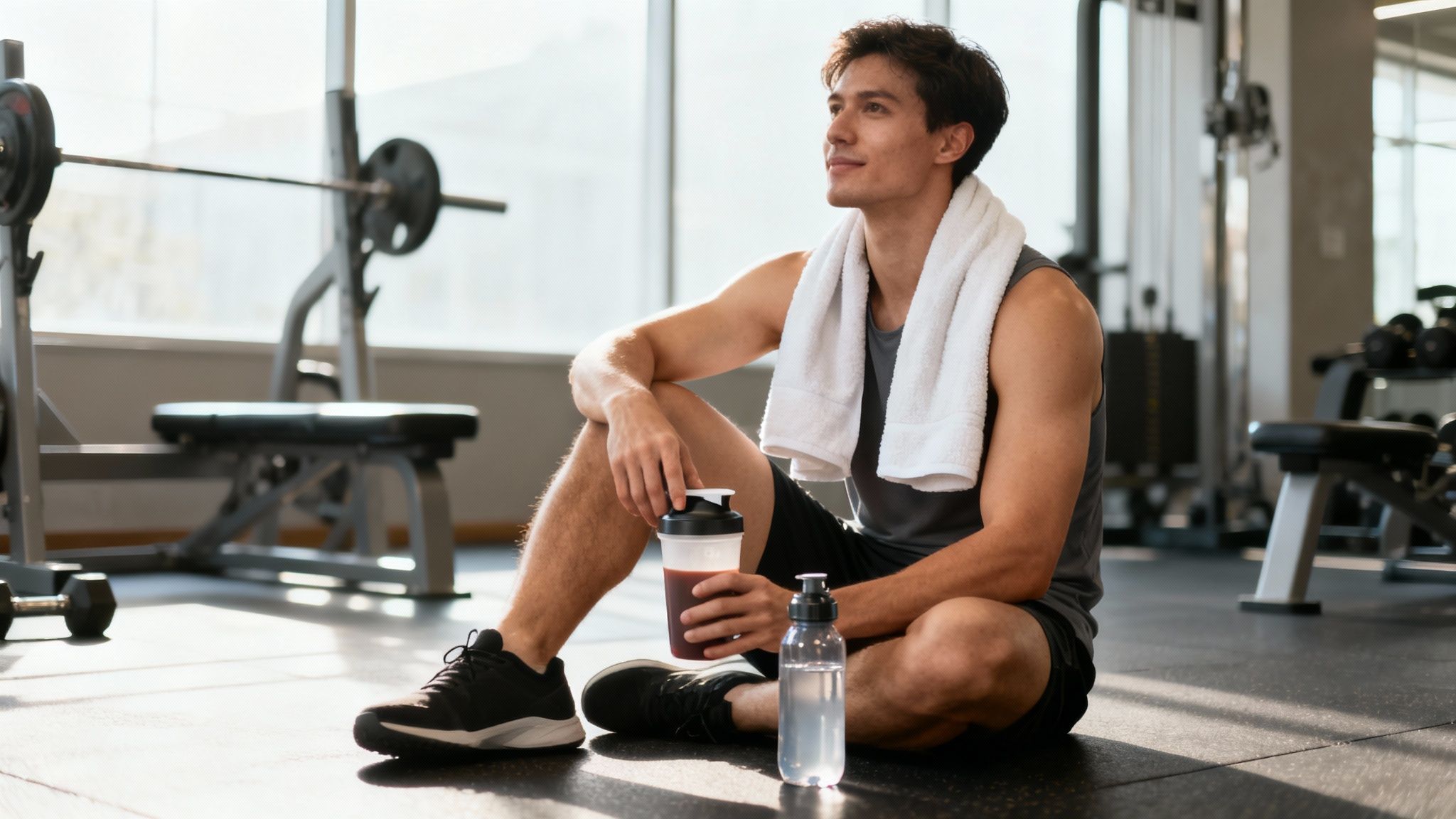 Young man resting on the gym floor, holding a shaker bottle with a drink and a water bottle.