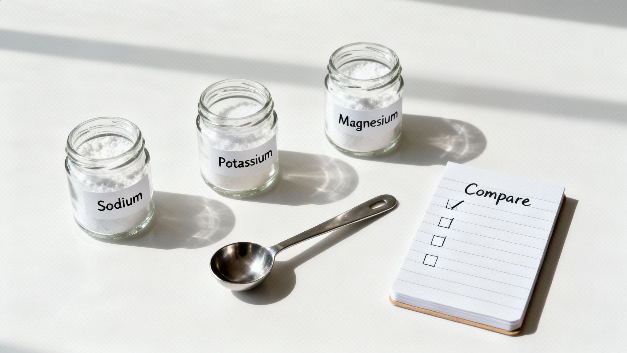 Assorted electrolyte powders in scoops and containers, showcasing different colors and textures