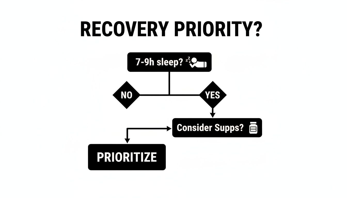Flowchart on recovery priority: ensure 7-9 hours of sleep. If not, prioritize it. If yes, consider supplements.